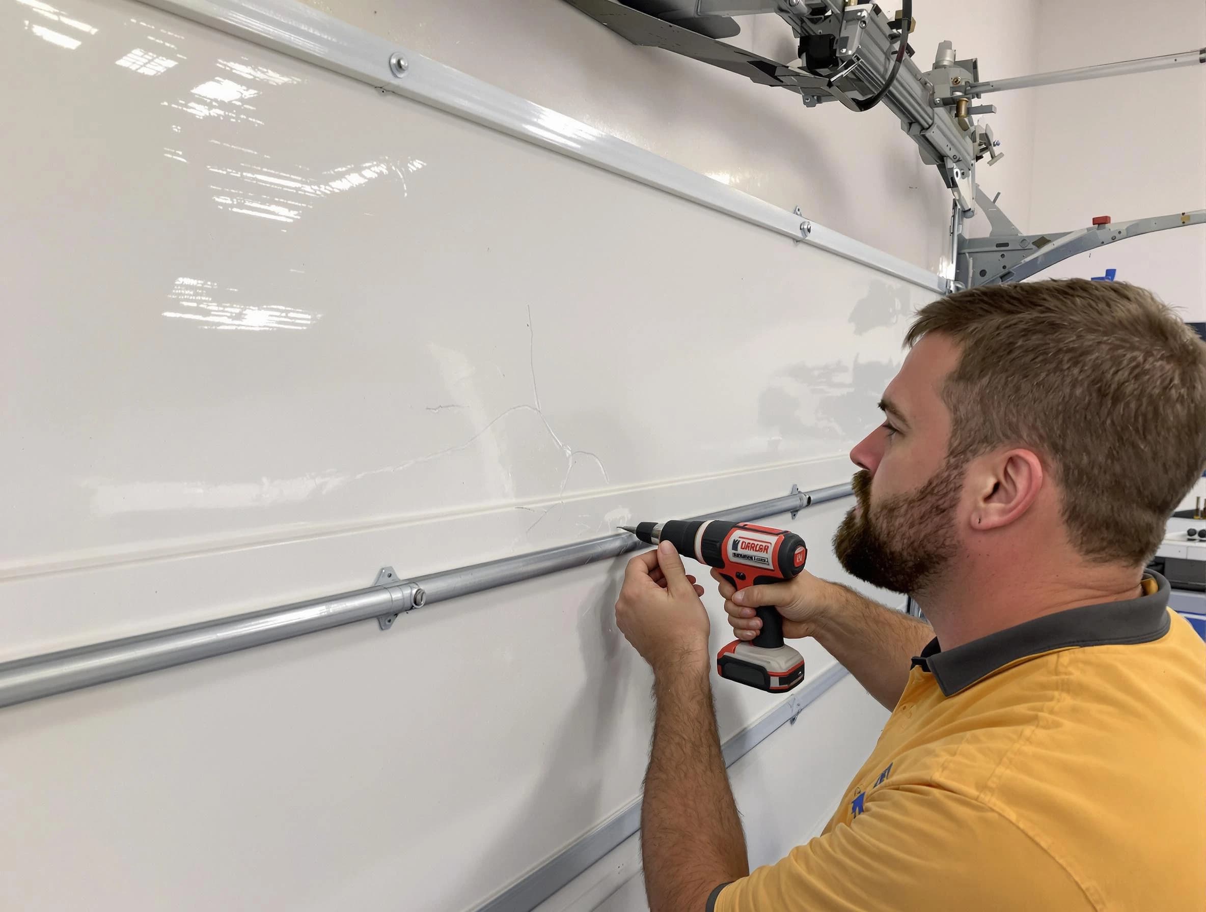 Webster Garage Door Repair expert performing dent repair on garage door in Webster