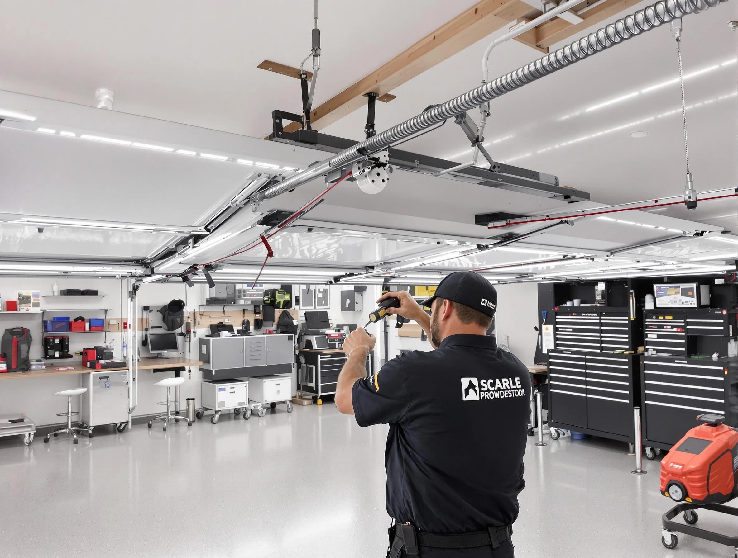 Webster Garage Door Repair technician repairing overhead garage door in Webster
