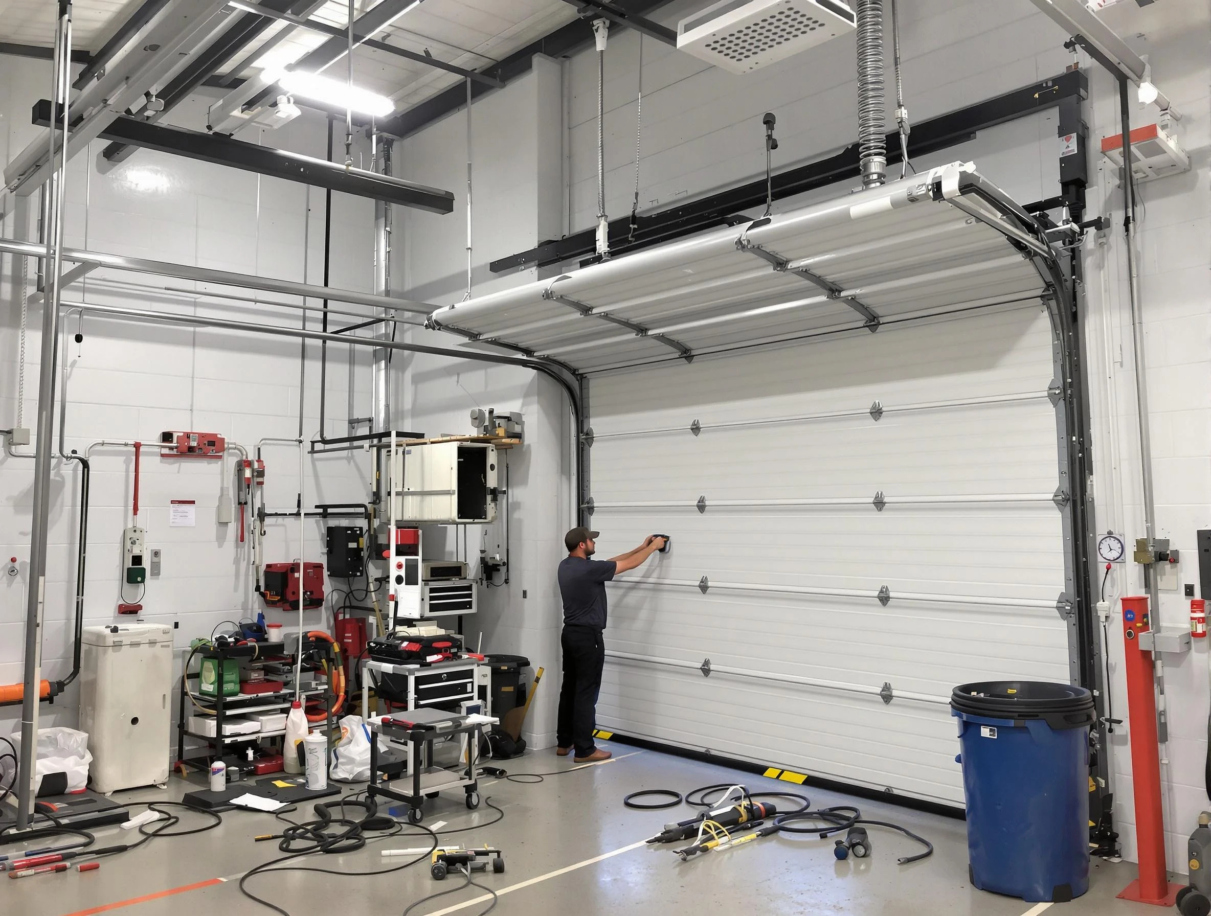 Webster Garage Door Repair certified technician performing commercial door repair at a Webster business facility