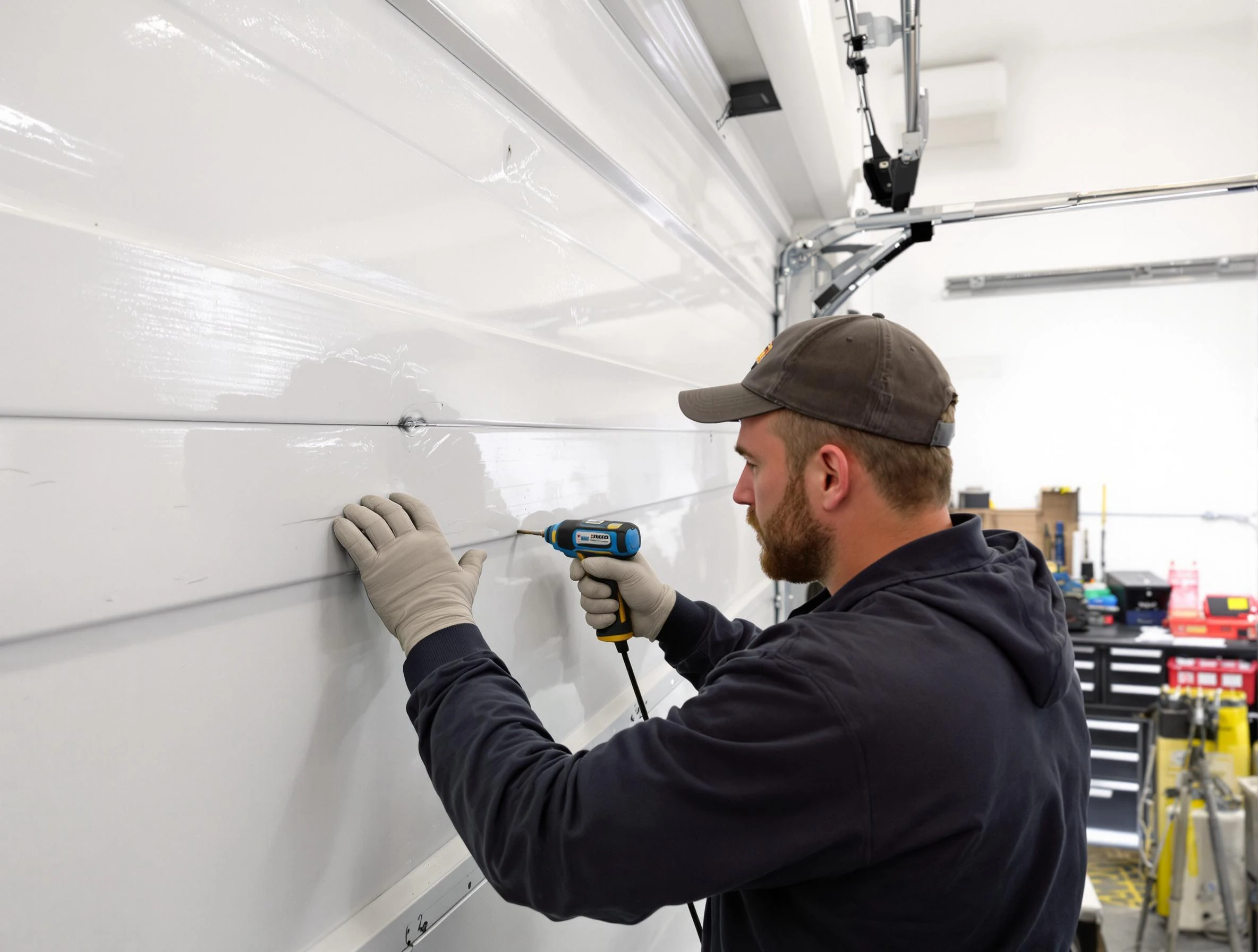 Webster Garage Door Repair technician demonstrating precision dent removal techniques on a Webster garage door