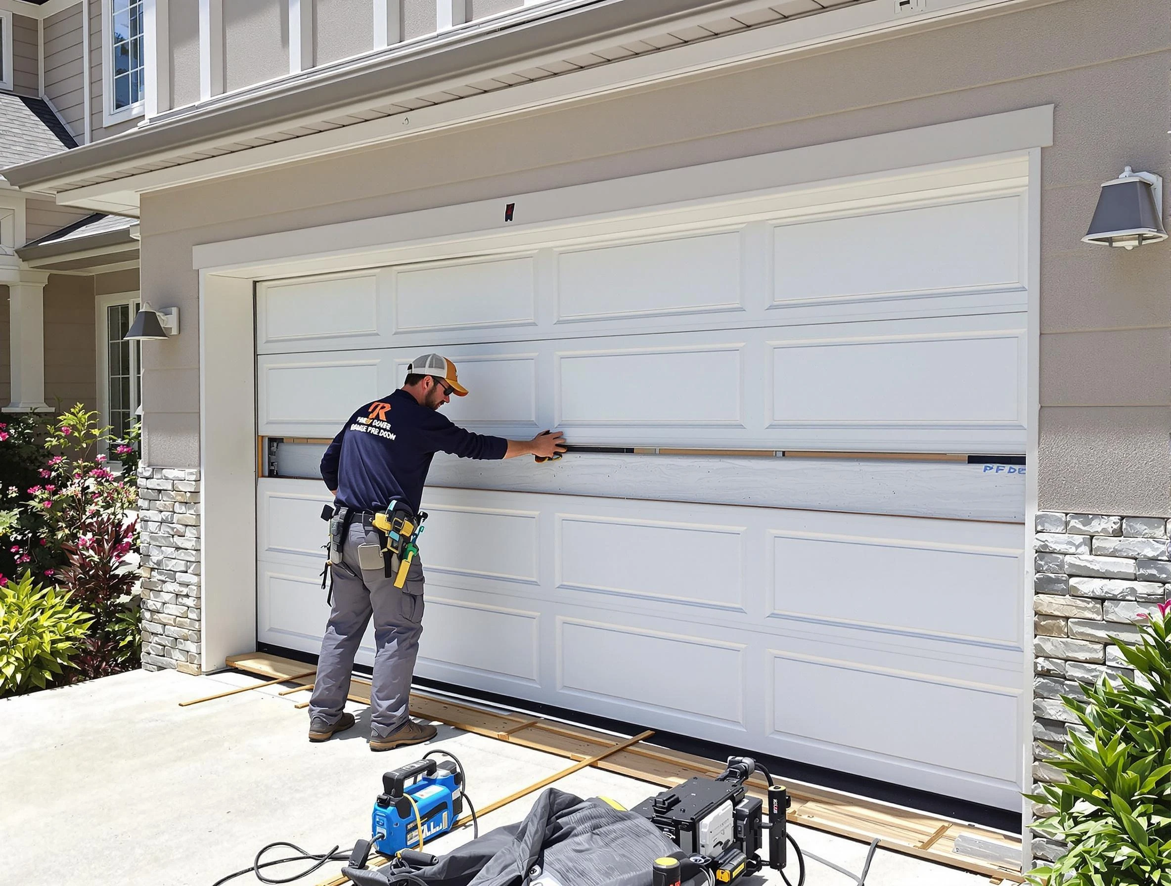 Webster Garage Door Repair team performing complete garage door replacement at Webster residence