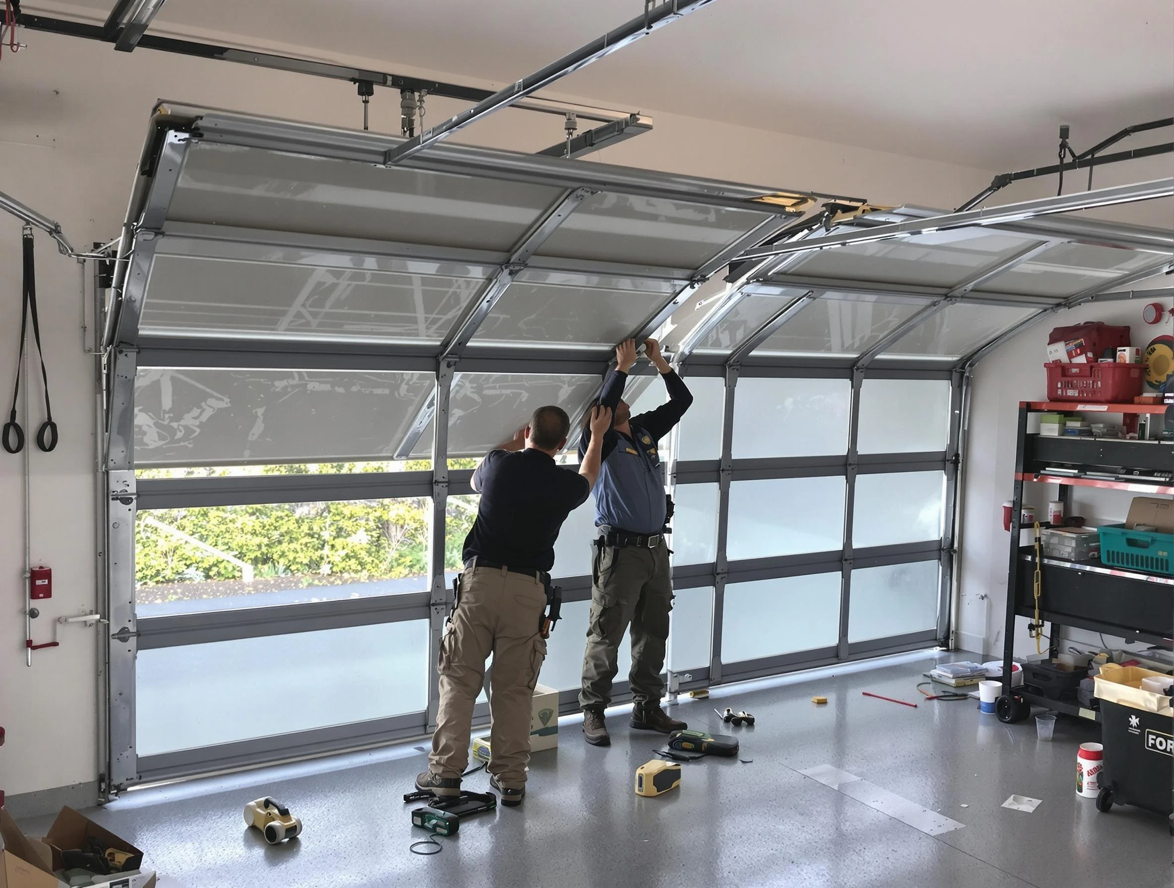 Webster Garage Door Repair expert performing precise panel replacement on Webster garage door