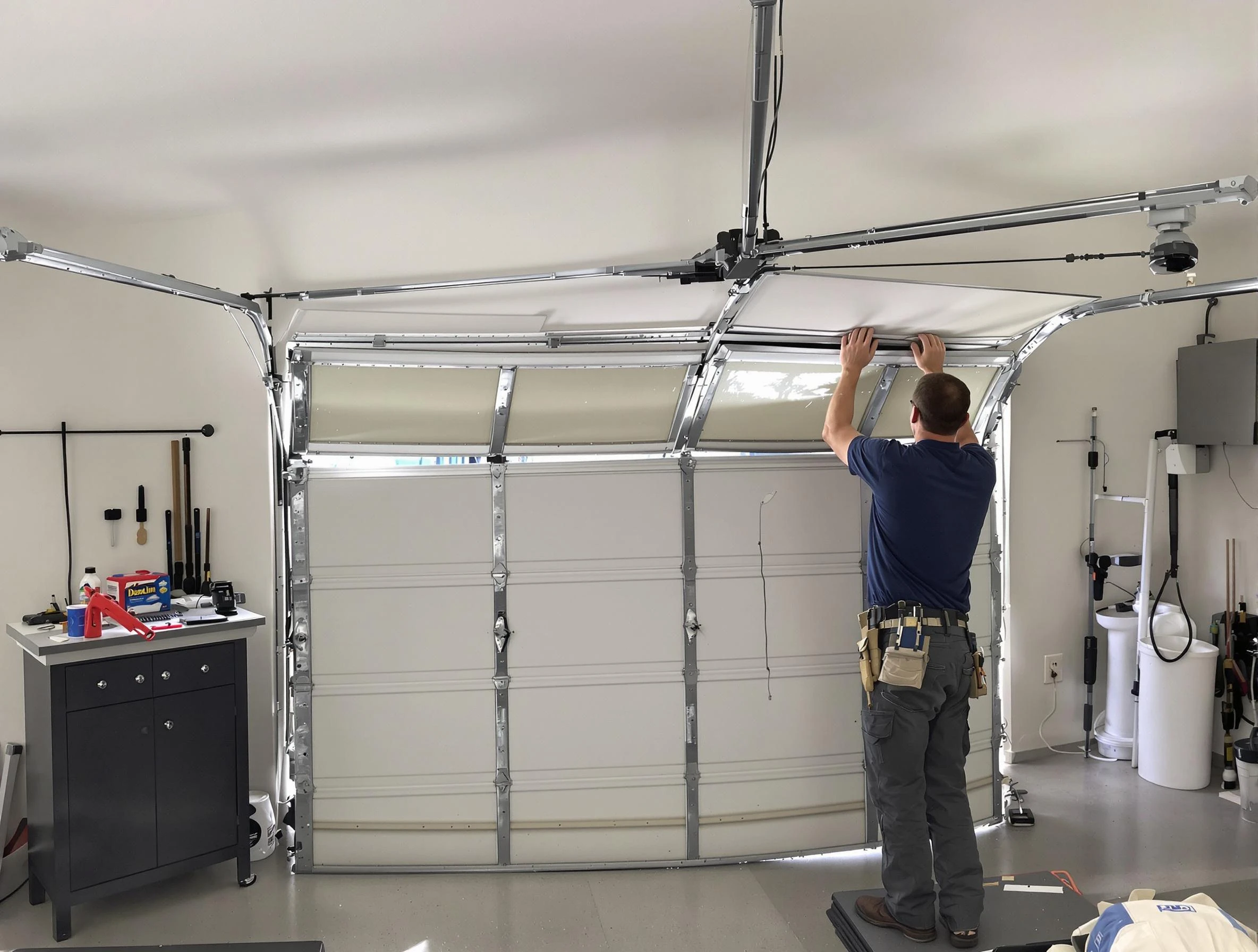 Webster Garage Door Repair specialist performing precise section replacement on Webster garage door