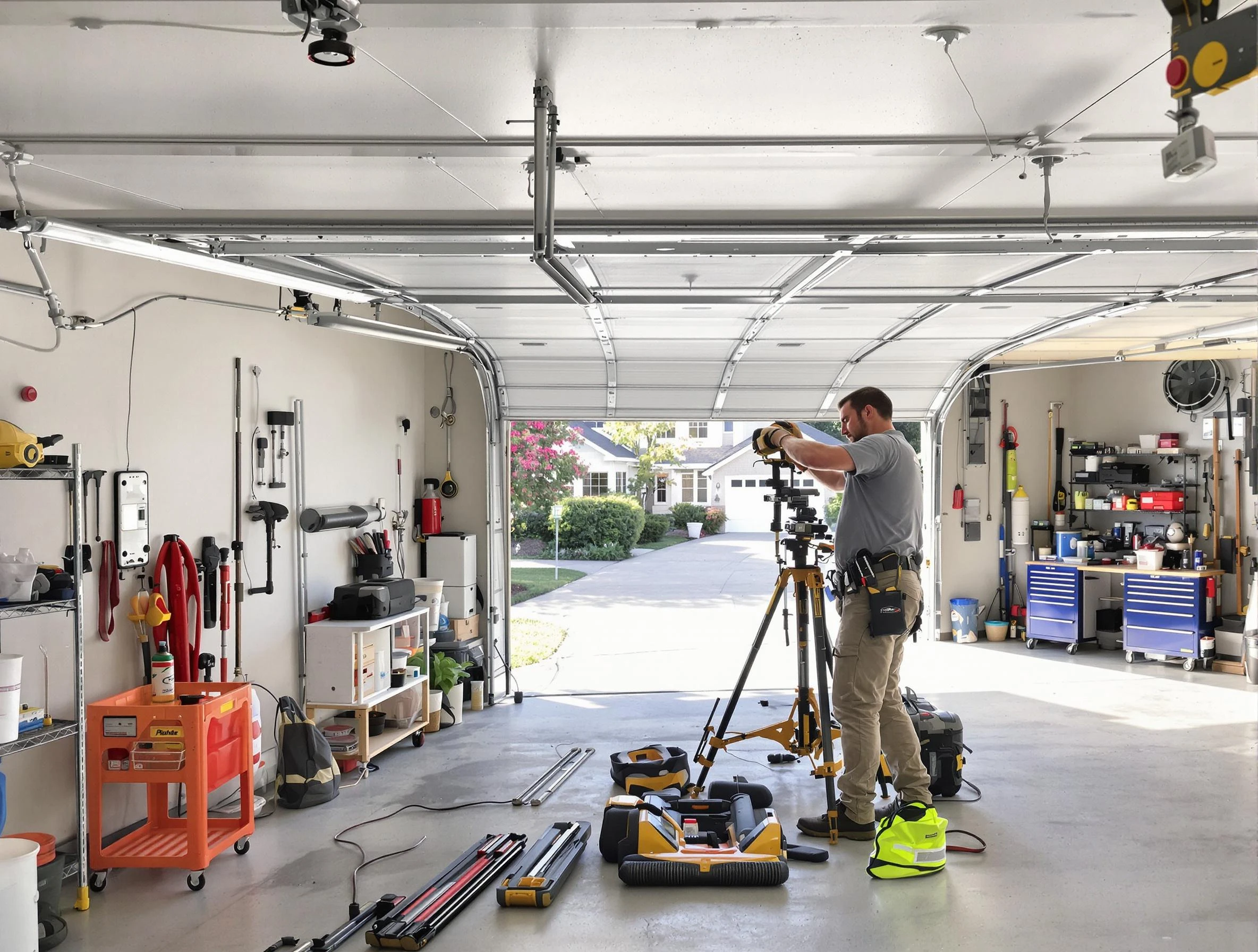 Webster Garage Door Repair specialist performing laser-guided track alignment in Webster